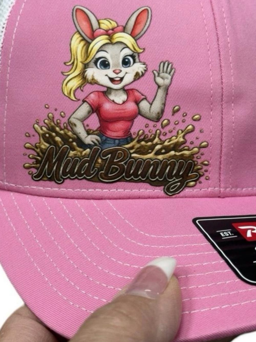 Mud Bunny DTF Transfer Mesh Back Curved Bill Snapback Cap - Picture 2 of 3